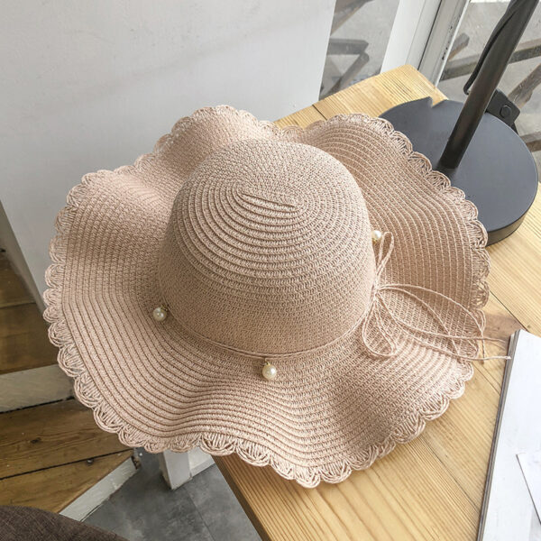 Hat Female Summer Small  Wave Big Along The Straw Hat Korean Version Of The Wild Pearl Leisure Sunscreen Beach Sun Hat Tide