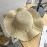 Hat Female Summer Small  Wave Big Along The Straw Hat Korean Version Of The Wild Pearl Leisure Sunscreen Beach Sun Hat Tide